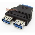 Motherboard 20pin Female to 2 USB 3.0 A Female Adapter 4.8 Gbps Black