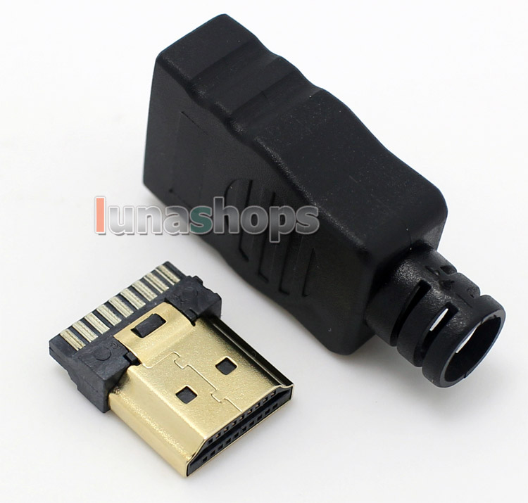 Full 19 Pins HDMI Straigt Gold Plated Male + Shell DIY Solder Adapter 