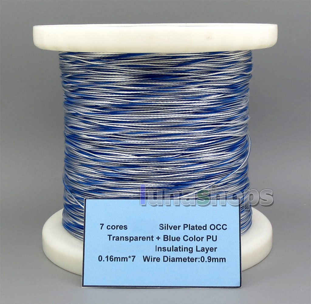 100m 7 cores Litz Silver Plated OCC  Transparent + Blue Color PU  Insulating Layer 0.16mm*7 Wire Diameter:0.9mm 