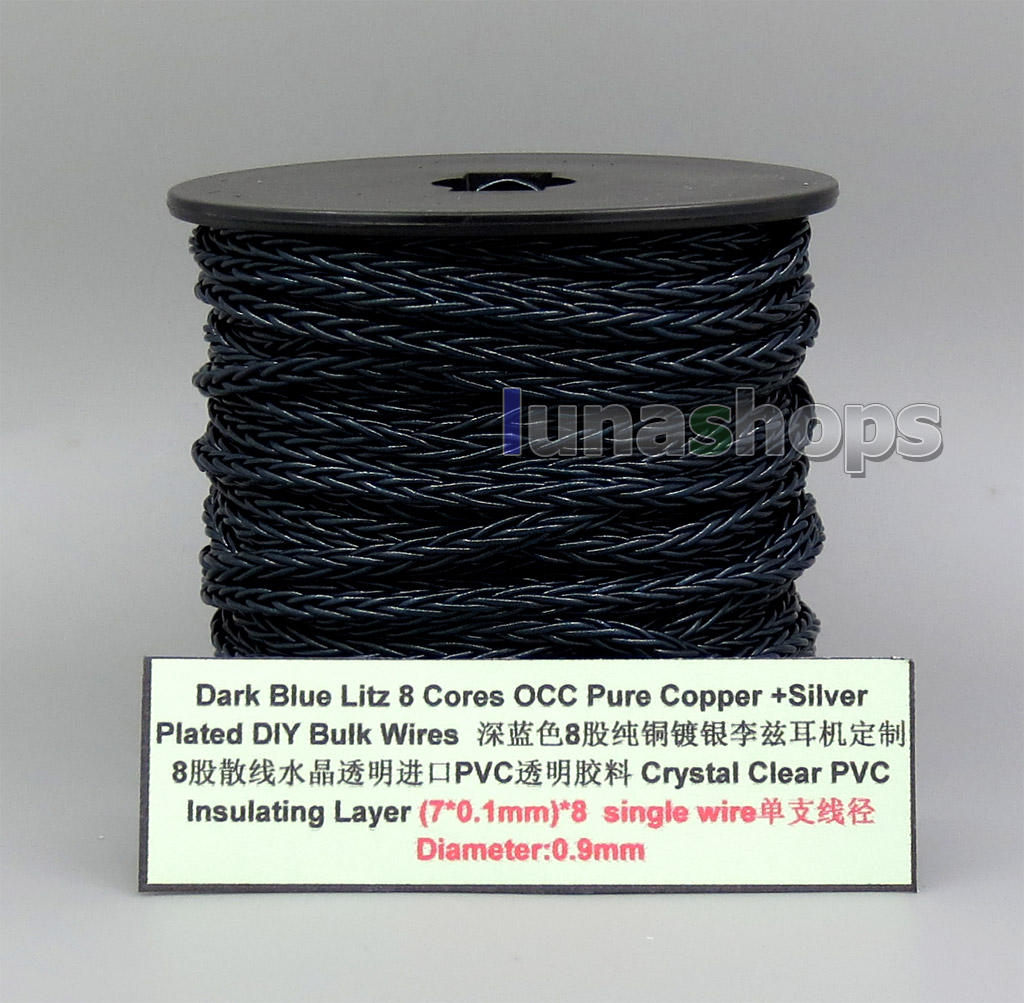 Dark Blue Litz 8 Cores Pure OCC Silver Plated Bulk Wire For Custom DIY Shure Fostex QDC Earphone Headphone Cable (7*0.1mm)*8