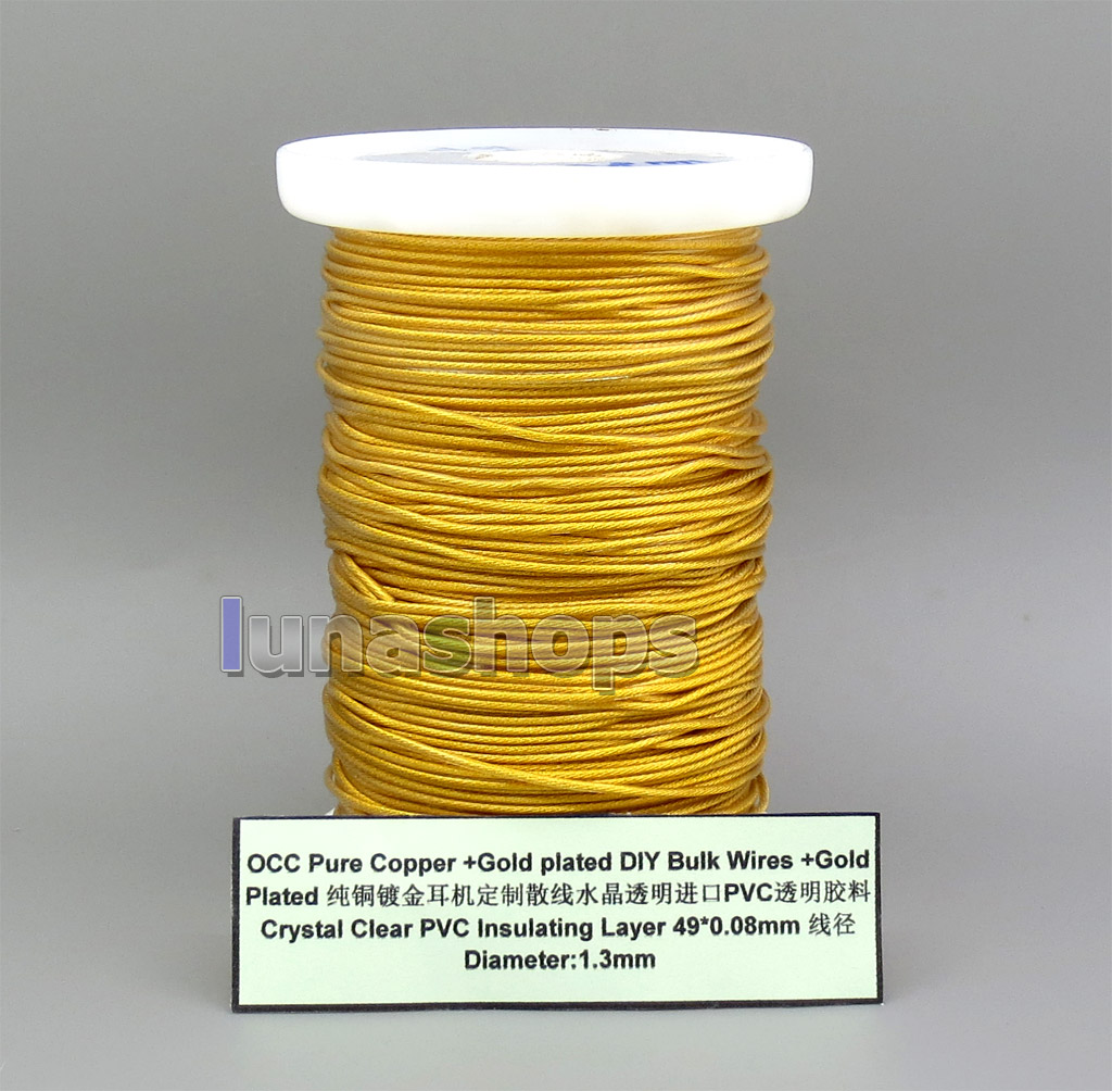 OCC Pure Copper + Gold Plated DIY Bulk Wires PVC Soft Clear Insulating Layer DIY Custom Earphone Cable 49*0.08mm Diameter:1.3mm