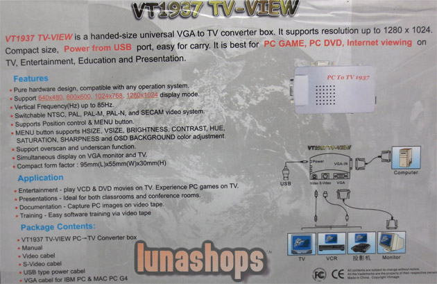 VT1937 TV-View PC VGA to TV Signal Converter Box Laptop PC