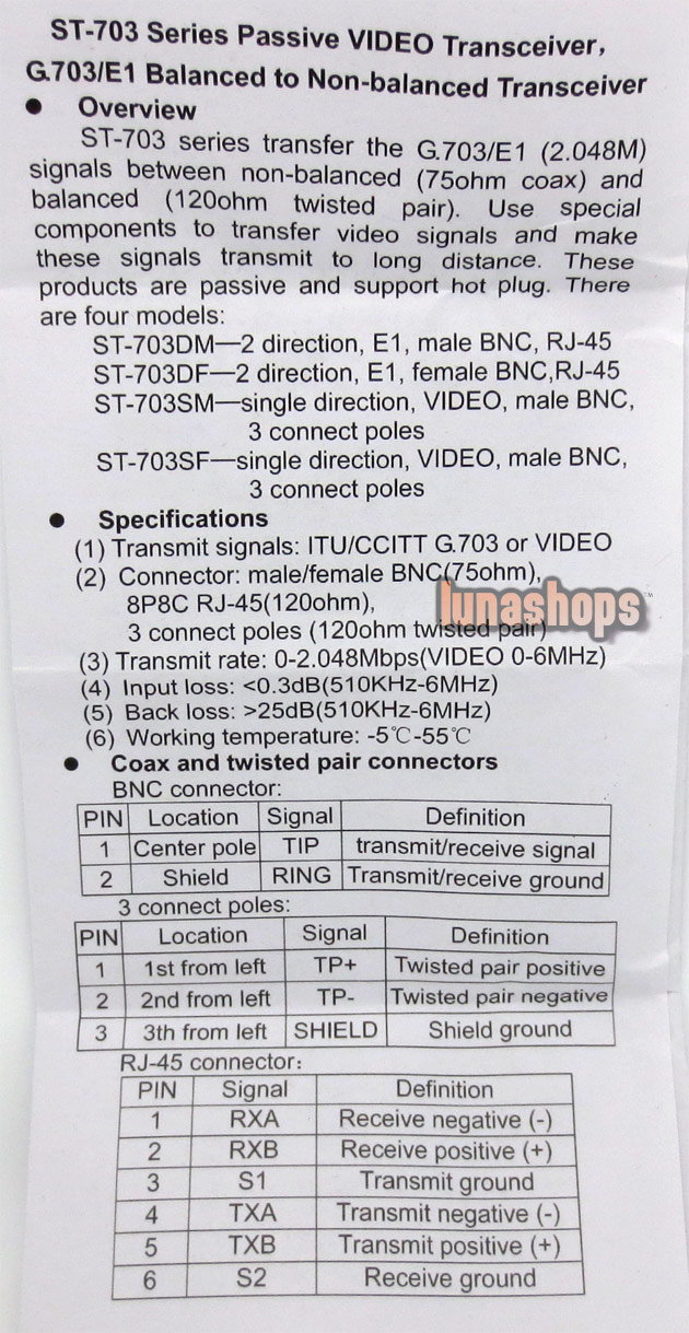 ST-703 Series Passive Video Transceiver,G.703/E1 Balanced to Non-balanced Transceiver