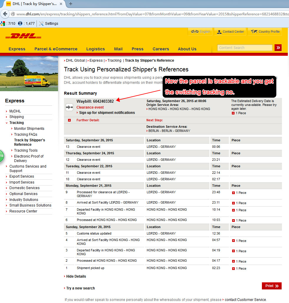 how to get the dhl switching tracking no.
