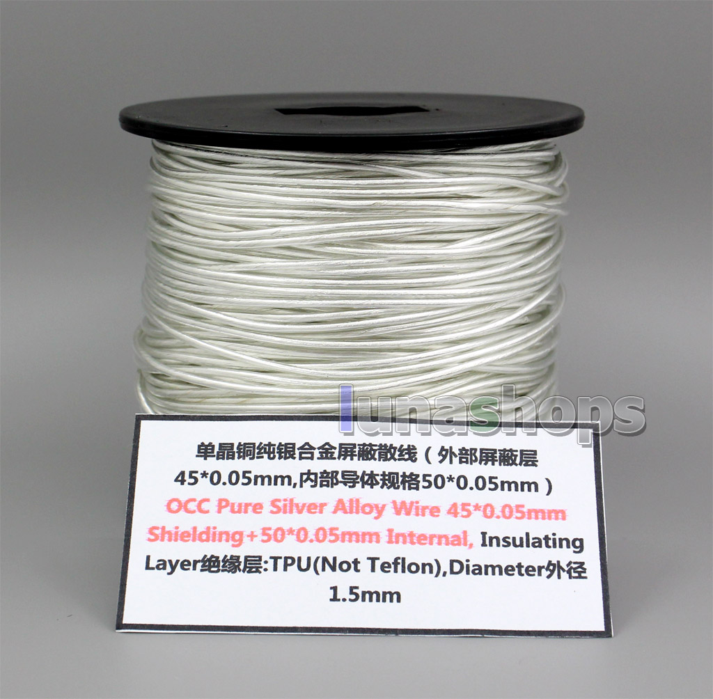 50m Pure OCC Silver Alloy Shielding Signal 45*0.05mm Shielding+50*0.05mm TPU Wire Cable Dia:1.5mm For DIY 
