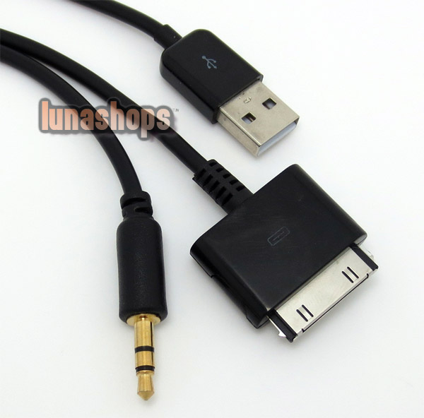 USB 2.0 Data Sync Charger Cable With 3.5mm Aux Audio Output Black For iPhone 4S